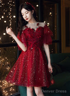 Wine Red Tulle With Lace High Neckline Homecoming Dress, Wine Red Short Prom Dress