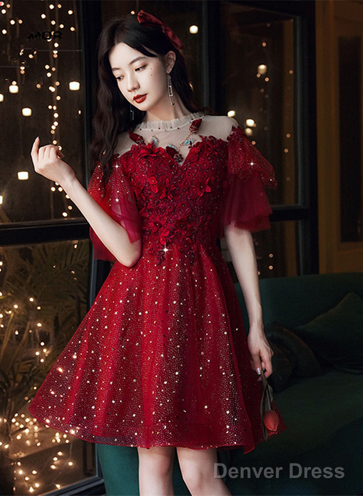 Wine Red Tulle With Lace High Neckline Homecoming Dress, Wine Red Short Prom Dress