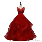 Wine Red Tulle with Lace Layers Ball Gown Sweet 16 Dress, Long Formal Dress Prom Dress