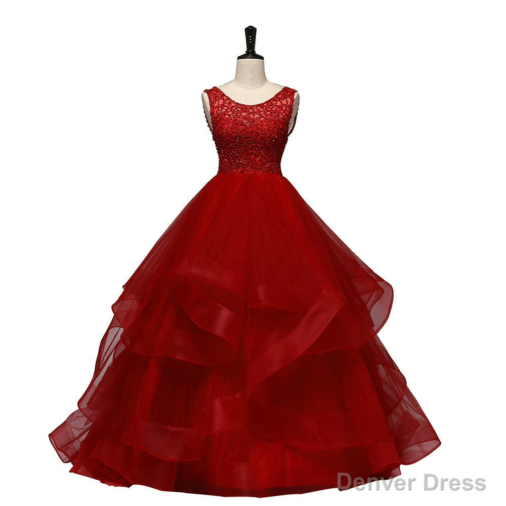 Wine Red Tulle with Lace Layers Ball Gown Sweet 16 Dress, Long Formal Dress Prom Dress