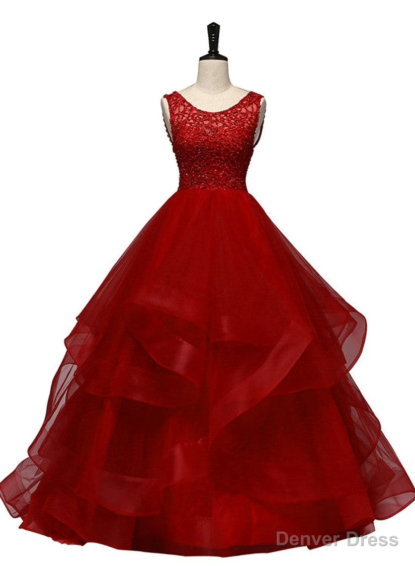 Wine Red Tulle with Lace Layers Ball Gowns Sweet 16 Dress, Long Prom Dress