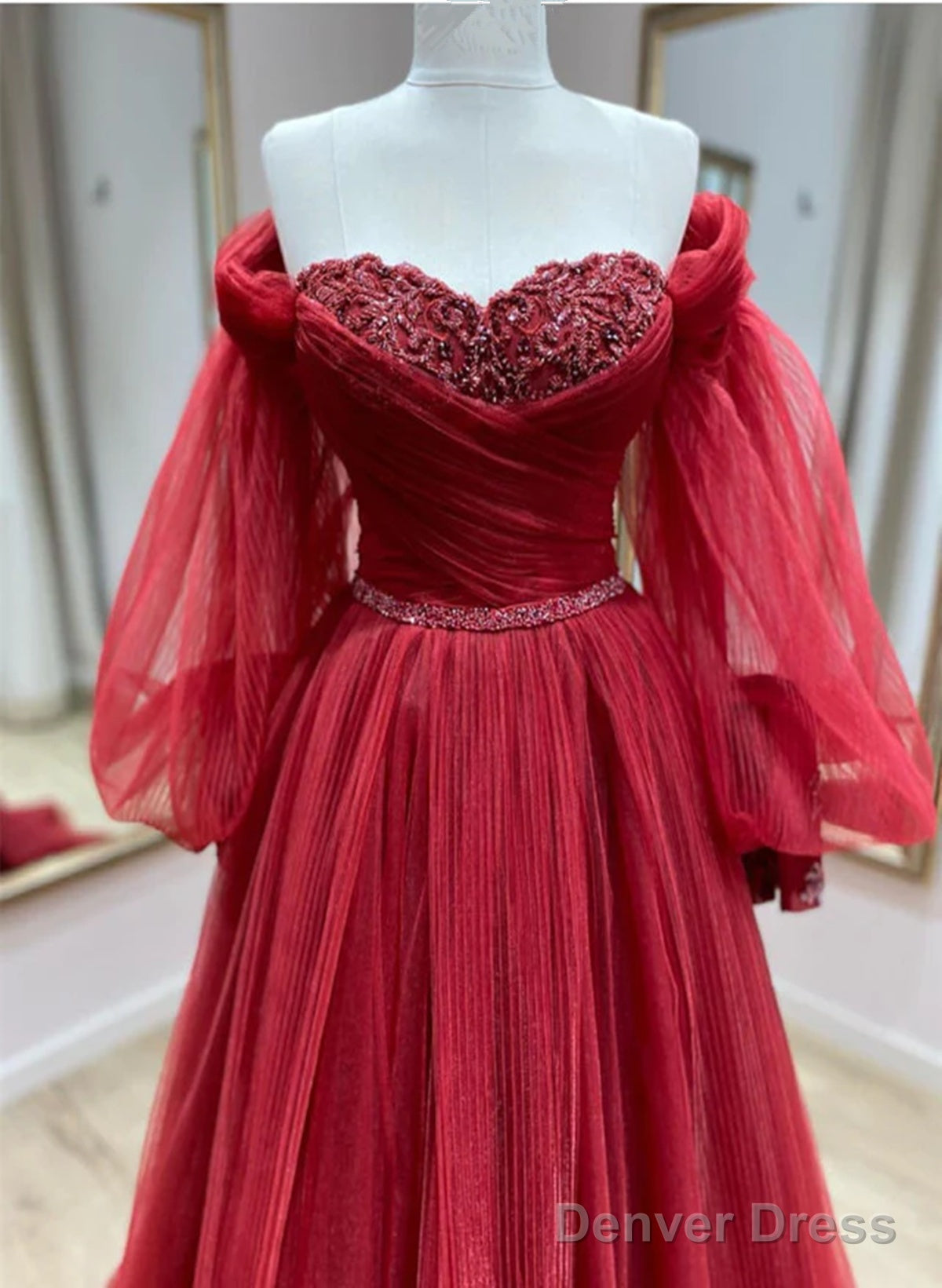 Wine Red Tulle With Puffy Sleeves Long Party Dress, Wine Red Prom Dress Secondary image