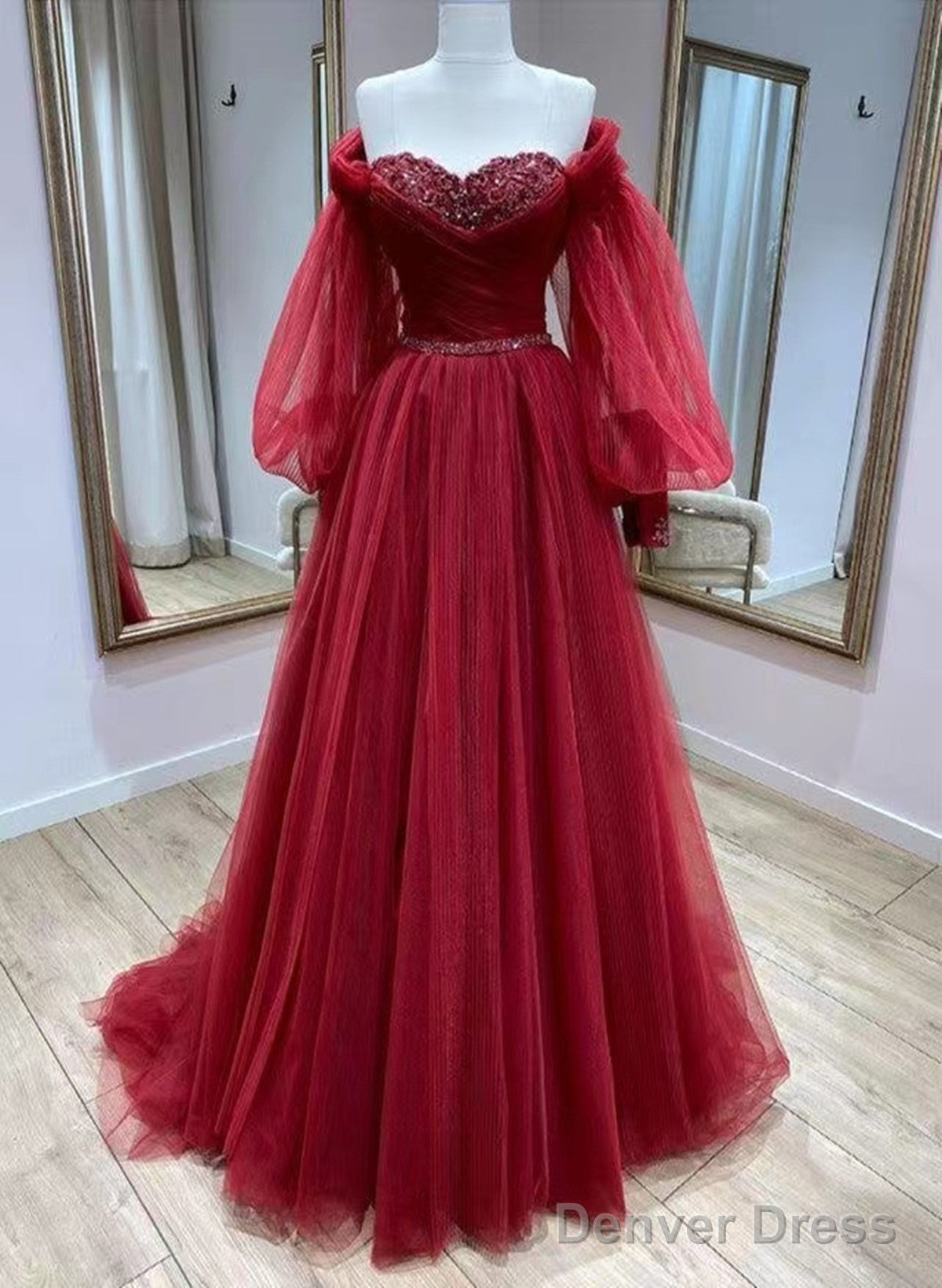 Wine Red Tulle With Puffy Sleeves Long Party Dress, Wine Red Prom Dress Main image