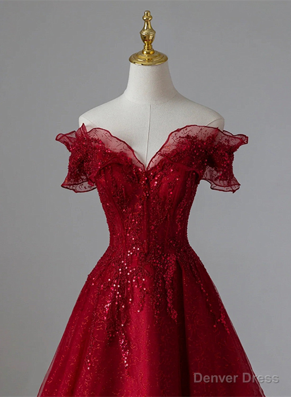Wine Red Tulle with Sequins and Lace Prom Dress, Wine Red A Line Prom Dresses