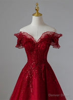 Wine Red Tulle with Sequins and Lace Prom Dress Wine Red A Line Prom Dress shops