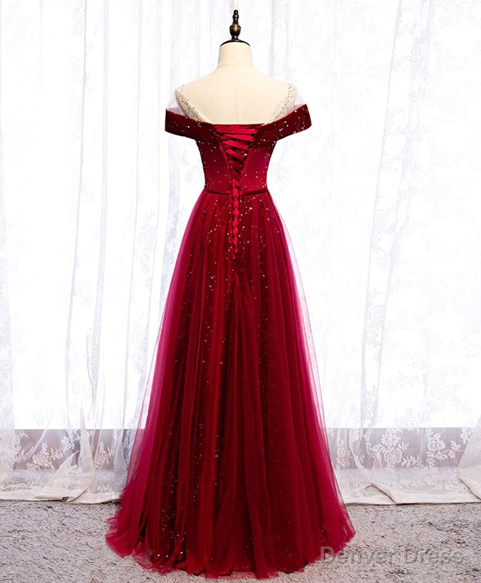 Wine Red Tulle with Velvet Long Prom Dress, Wine Red Prom Dress