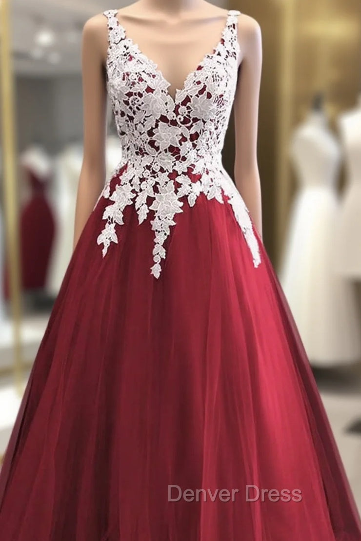 Wine Red Tulle With White Lace V-Neckline Prom Dresses, Wine Red Long Evening Dresses Main image
