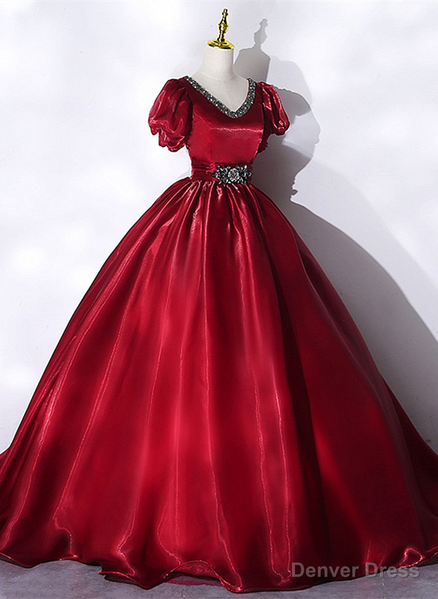 Wine Red V-neckline Beaded Ball Gown Prom Dress, Wine Red Sweet 16 Dress