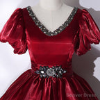 Wine Red V Neckline Beaded Ball Gowns Prom Dress, Wine Red Sweet 16 Dresses