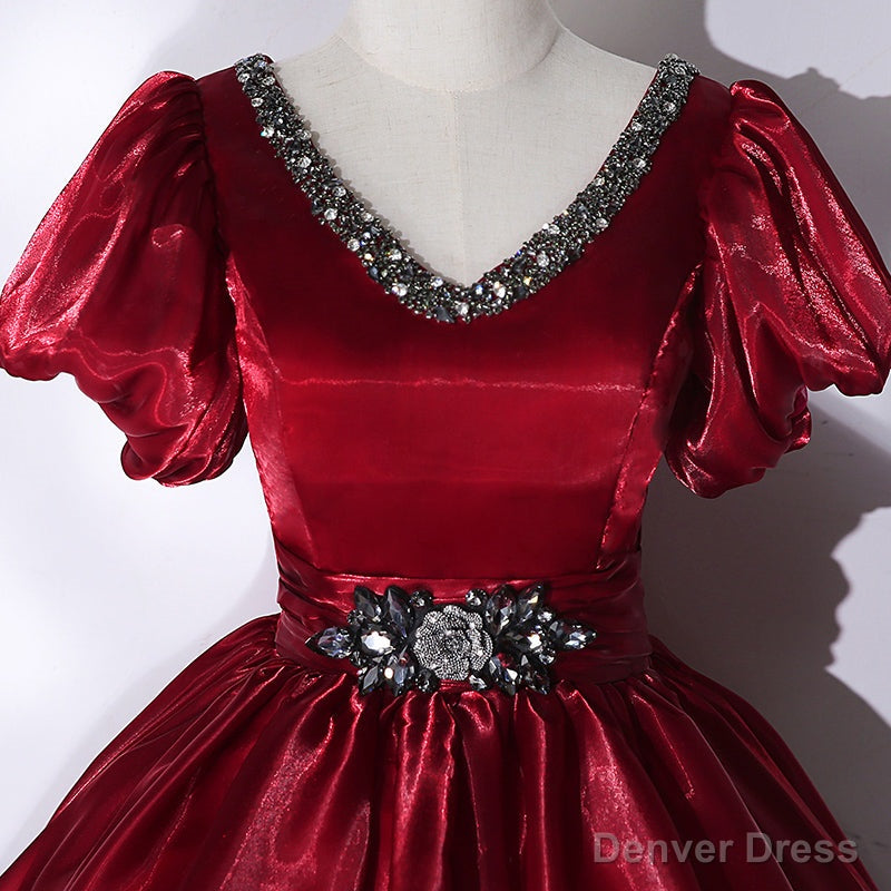 Wine Red V Neckline Beaded Ball Gowns Prom Dress, Wine Red Sweet 16 Dresses