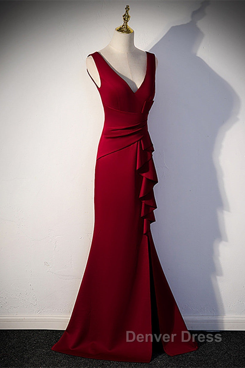 Wine Red V-Neckline Mermaid Long Party Dresses With Leg Slit, Wine Red Prom Dresses Secondary image