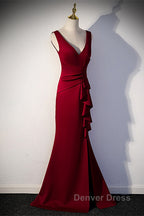 Wine Red V-Neckline Mermaid Long Party Dresses With Leg Slit, Wine Red Prom Dresses