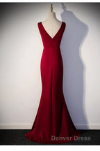 Wine Red V-Neckline Mermaid Long Party Dresses With Leg Slit, Wine Red Prom Dresses