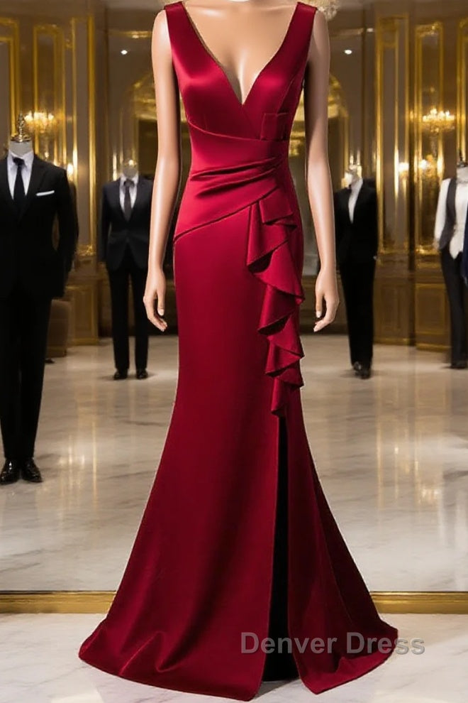 Wine Red V-Neckline Mermaid Long Party Dresses With Leg Slit, Wine Red Prom Dresses
