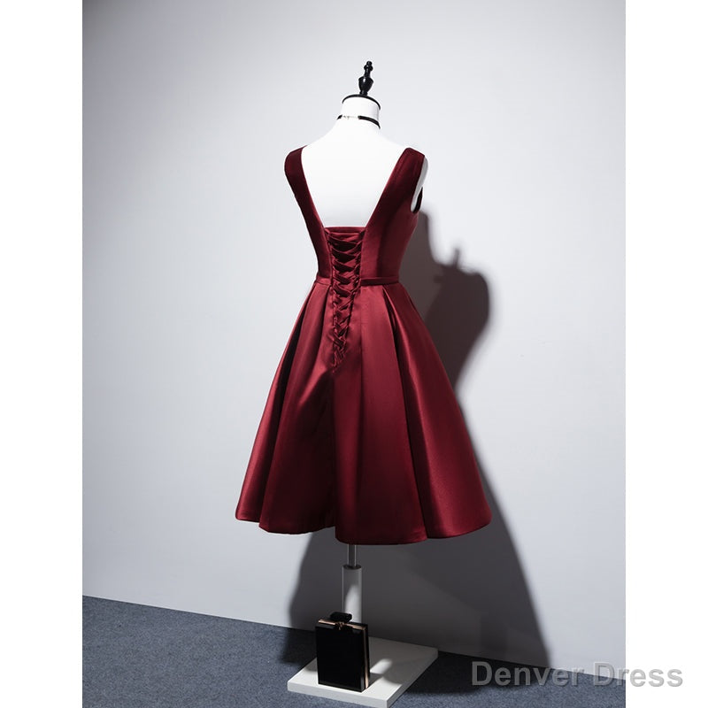 Wine Red V Neckline Satin Lace up Homecoming Dress, Short Prom Dresses