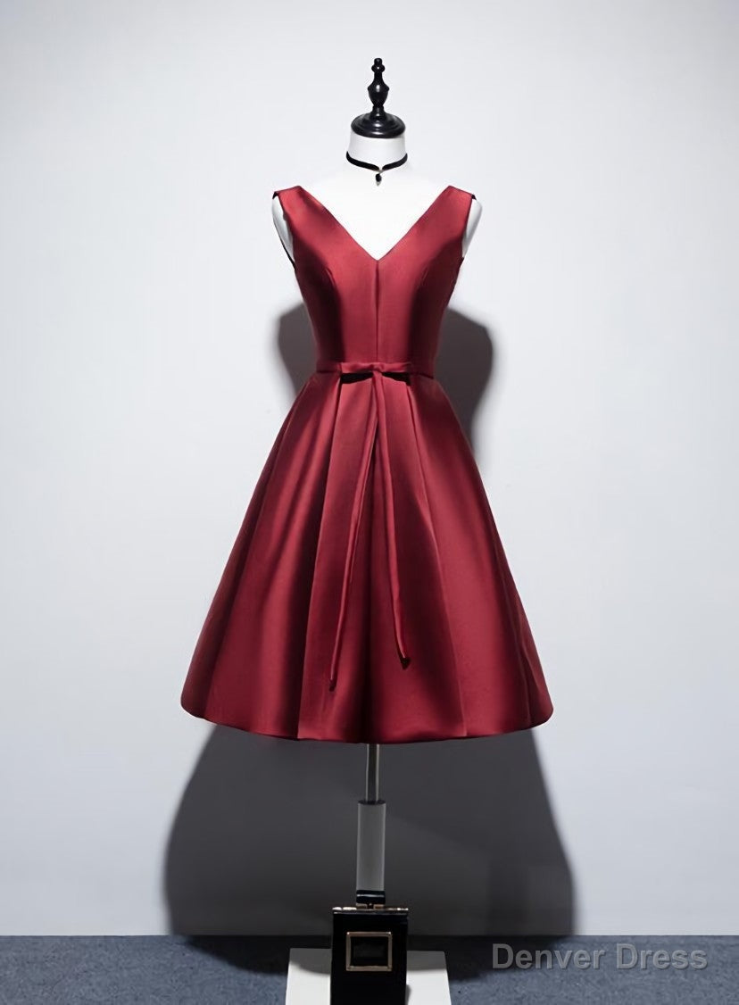 Wine Red V Neckline Satin Lace up Homecoming Dress, Short Prom Dresses