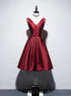 Wine Red V Neckline Satin Lace up Homecoming Dress, Short Prom Dresses