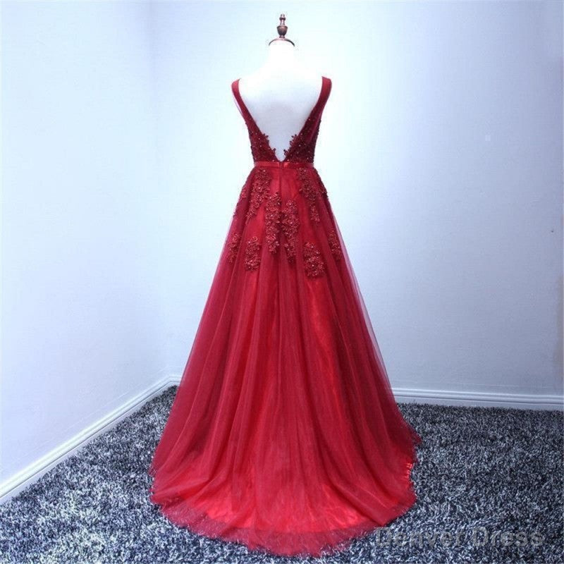 Wine Red V Neckline Tulle Long Prom Dress, Dark Red Floor Length Prom Dress, Bridesmaid Dresses