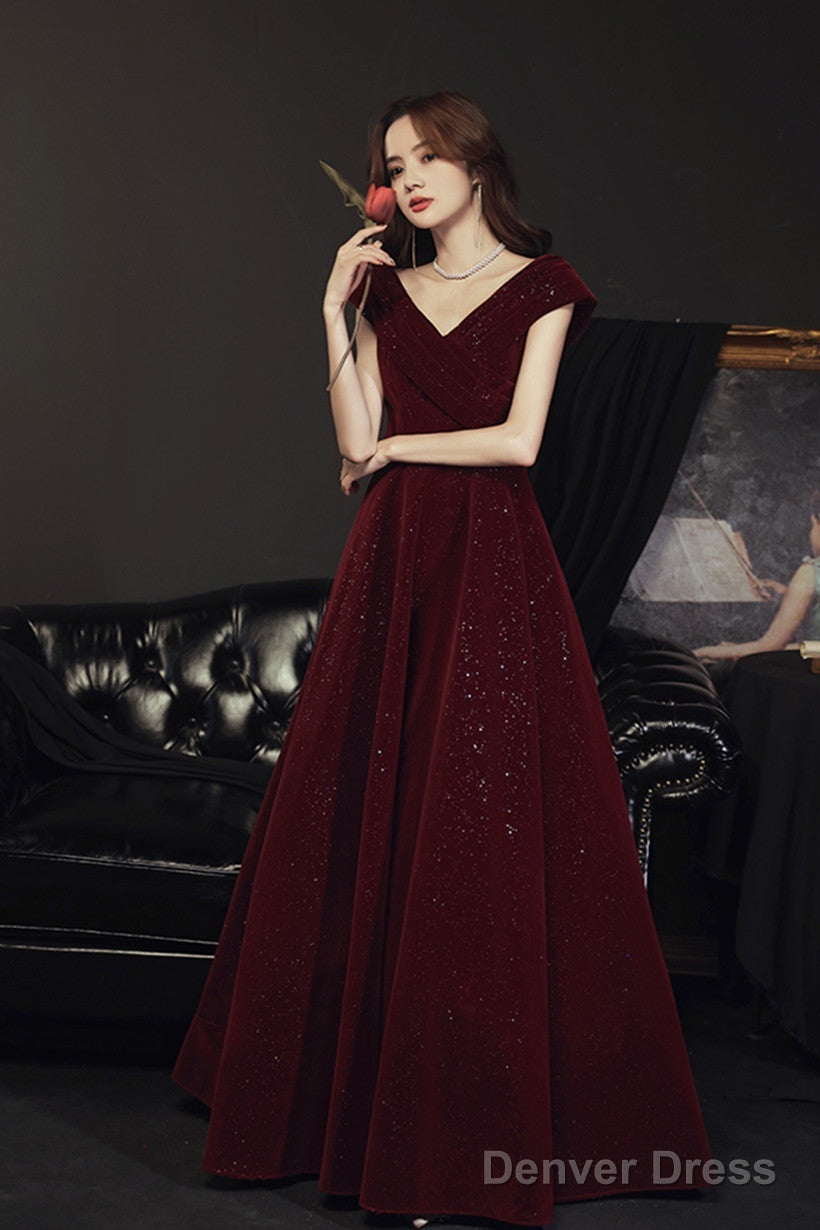 Wine Red V-Neckline Velvet Long Party Dress, Floor Length Prom Dress Main image
