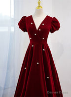 Wine Red V Neckline Velvet Prom Dress Prom Dress, A Line Wedding Prom Dresses