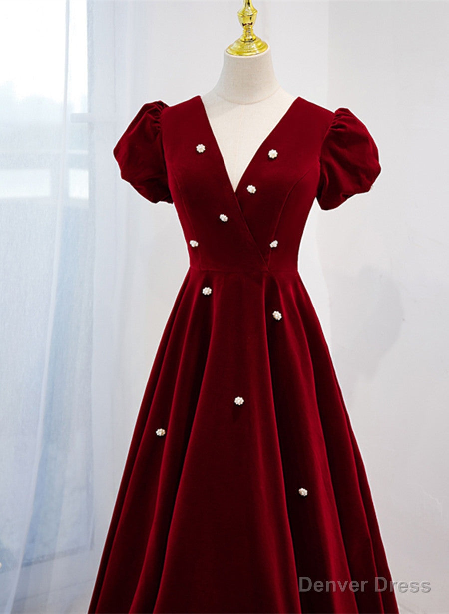 Wine Red V Neckline Velvet Prom Dress Prom Dress, A Line Wedding Prom Dresses