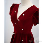 Wine Red V Neckline Velvet Prom Dress Prom Dress, A Line Wedding Prom Dresses