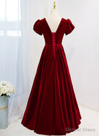 Wine Red V Neckline Velvet Prom Dress Prom Dress, A Line Wedding Prom Dresses