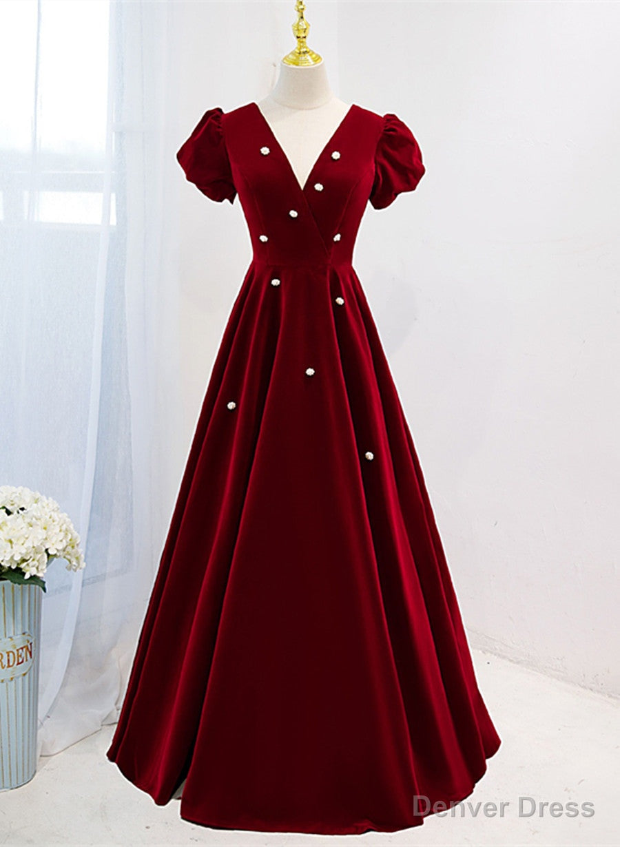 Wine Red V Neckline Velvet Prom Dress Prom Dress, A Line Wedding Prom Dresses Main image