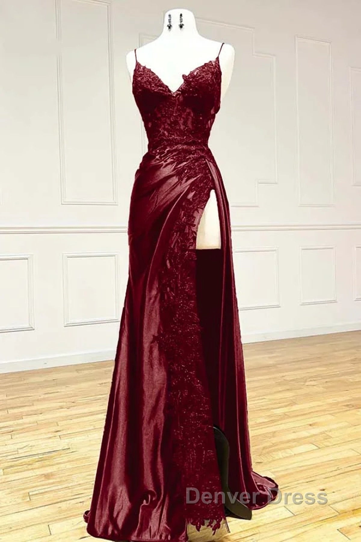 Wine Red V-Neclline Satin With Lace Long Prom Dresses, Wine Red Leg Slit Party Dresses Secondary image