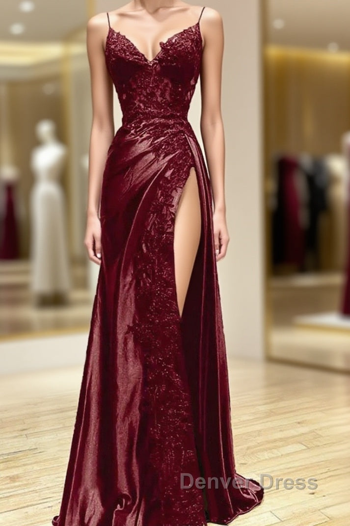 Wine Red V-Neclline Satin With Lace Long Prom Dresses, Wine Red Leg Slit Party Dresses Main image