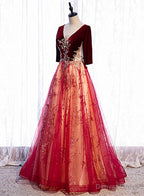 Wine Red Velvet 1 2 Sleeves Long Prom Dress with Lace, A Line Junior Prom Dresses