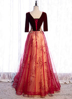 Wine Red Velvet 1 2 Sleeves Long Prom Dress with Lace, A Line Junior Prom Dresses