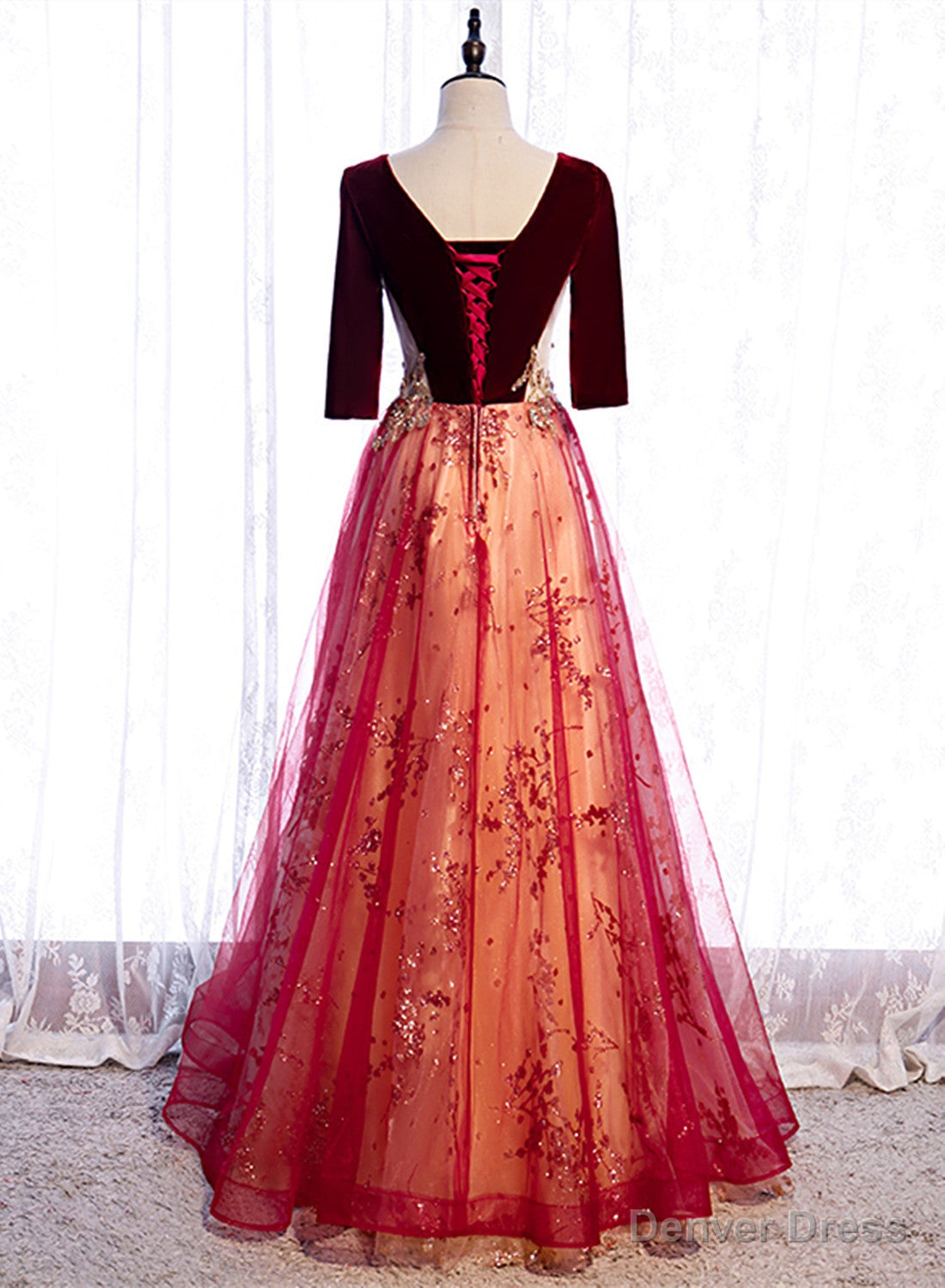 Wine Red Velvet 1 2 Sleeves Long Prom Dress with Lace, A Line Junior Prom Dresses