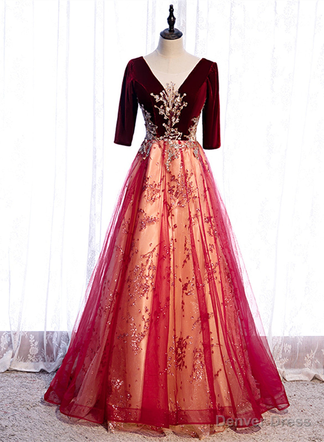 Wine Red Velvet 1 2 Sleeves Long Prom Dress with Lace, A Line Junior Prom Dresses