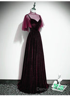 Wine Red Velvet A Line Long High Neckline Prom Dress, Wine Red Long Bridesmaid Dresses