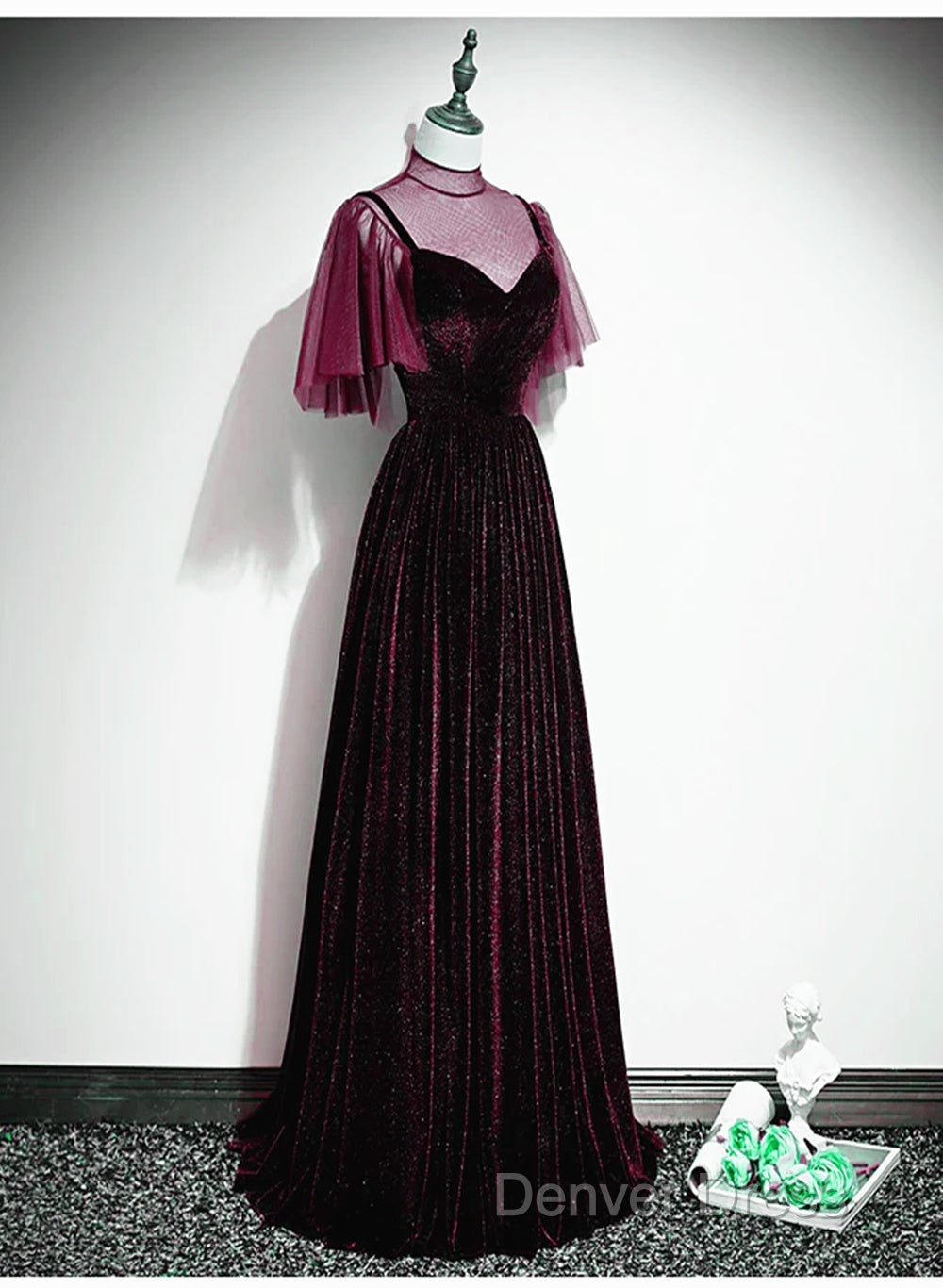Wine Red Velvet A Line Long High Neckline Prom Dress, Wine Red Long Bridesmaid Dresses