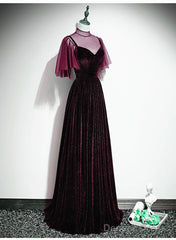 Wine Red Velvet A-Line Long High Neckline Party Dress, Wine Red Long Bridesmaid Dress