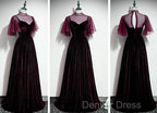 Wine Red Velvet A Line Long High Neckline Prom Dress, Wine Red Long Bridesmaid Dresses