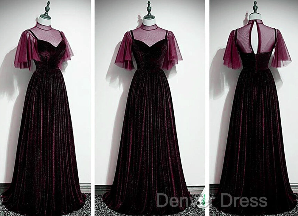 Wine Red Velvet A Line Long High Neckline Prom Dress, Wine Red Long Bridesmaid Dresses