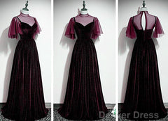 Wine Red Velvet A-Line Long High Neckline Party Dress, Wine Red Long Bridesmaid Dress