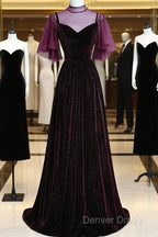 Wine Red Velvet A Line Long High Neckline Prom Dress, Wine Red Long Bridesmaid Dresses