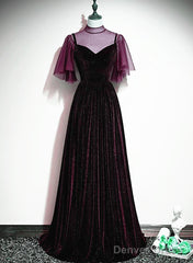 Wine Red Velvet A-Line Long High Neckline Party Dress, Wine Red Long Bridesmaid Dress
