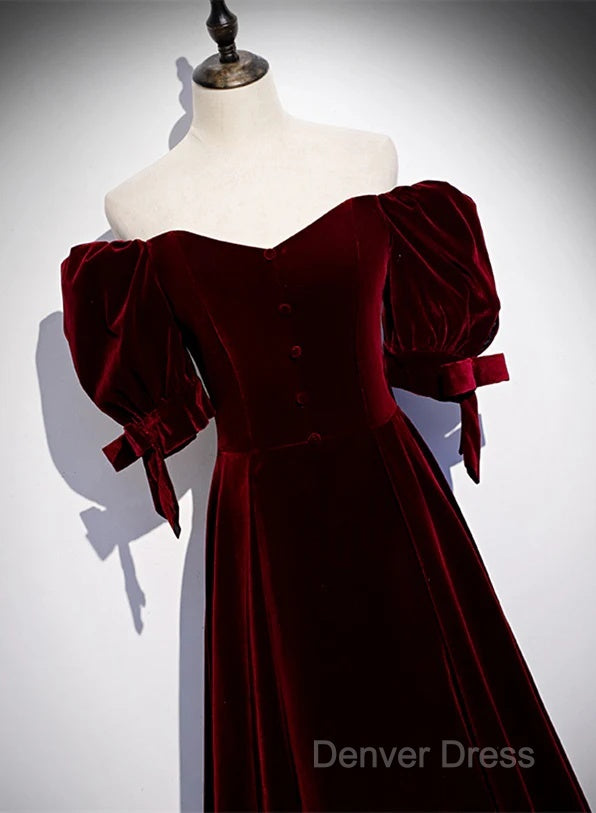 Wine Red Velvet A-Line Simple Party Dresses, Wine Red Velvet Long Prom Dresses Secondary image