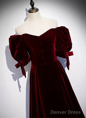 Wine Red Velvet A-Line Simple Party Dress, Wine Red Velvet Long Prom Dress