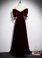 Wine Red Velvet A-Line Simple Party Dress, Wine Red Velvet Long Prom Dress