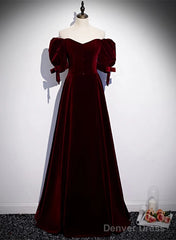 Wine Red Velvet A-Line Simple Party Dress, Wine Red Velvet Long Prom Dress