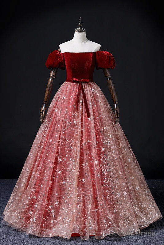 Wine Red Velvet and Pink Tulle Off Shoulder Formal Dress, Pink Sweet 16 Dresses Secondary image