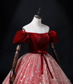 Wine Red Velvet and Pink Tulle Off Shoulder Prom Dress, Pink Sweet 16 Dresses