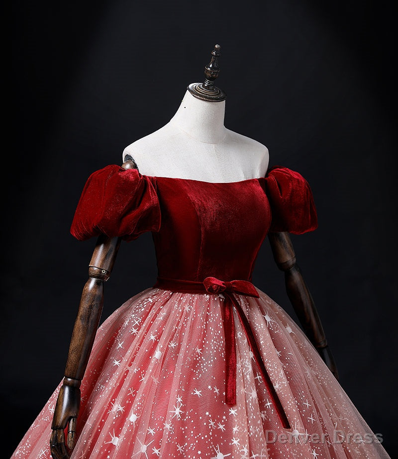 Wine Red Velvet and Pink Tulle Off Shoulder Prom Dress, Pink Sweet 16 Dresses