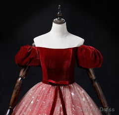 Wine Red Velvet and Pink Tulle Off Shoulder Formal Dress, Pink Sweet 16 Dresses